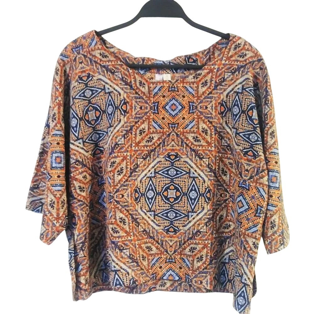 Alya Women Orange Blue Geometric Mosaic Print 3/4 Sleeve Boxy Boho Blouse Medium
